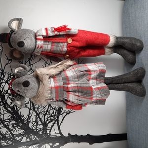Christmas Holiday Mr & Mrs Mouse Standing Plush Figures Set Tall Gray Red Cute